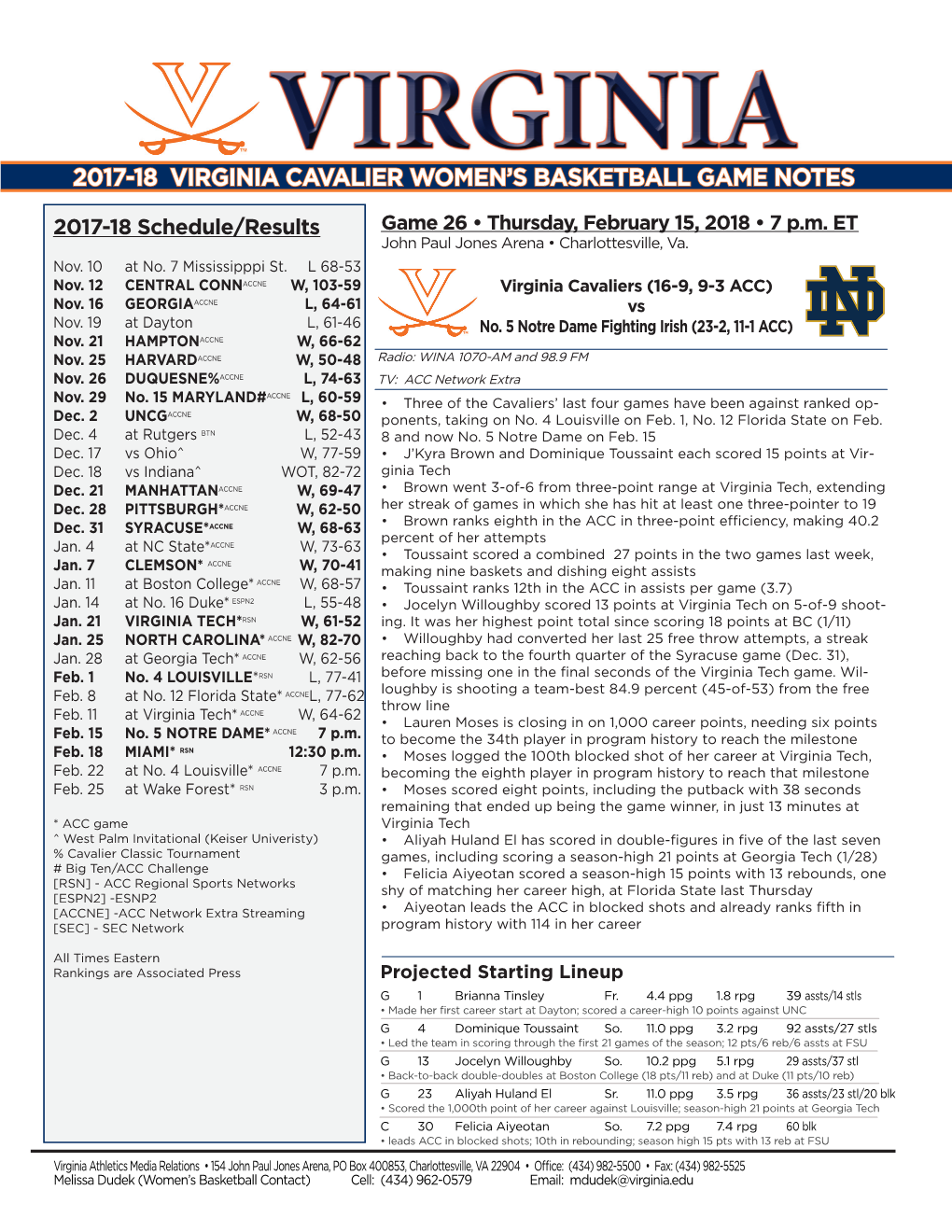 2017-18 Virginia Cavalier Women's Basketball Game Notes