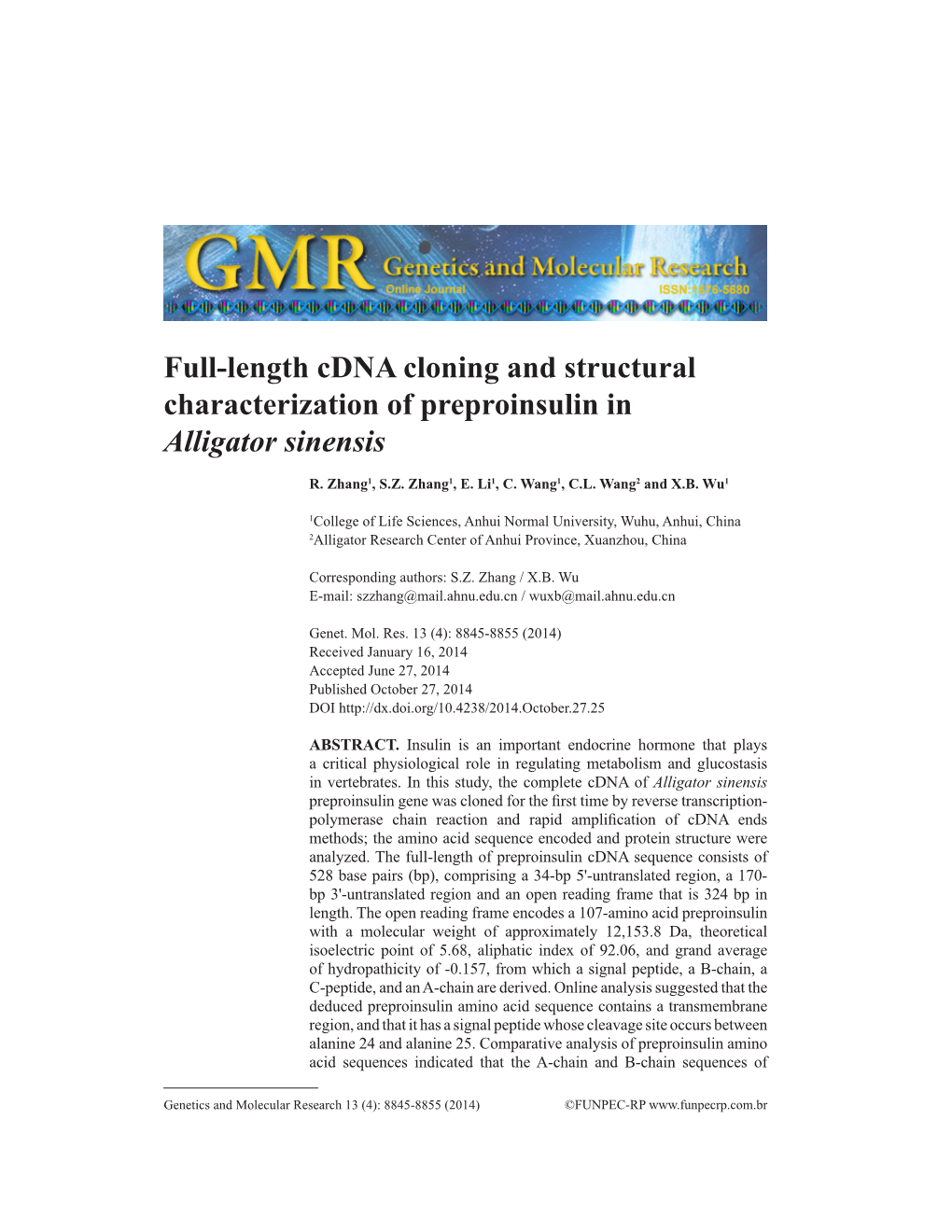 Full-Length Cdna Cloning and Structural Characterization of Preproinsulin in Alligator Sinensis