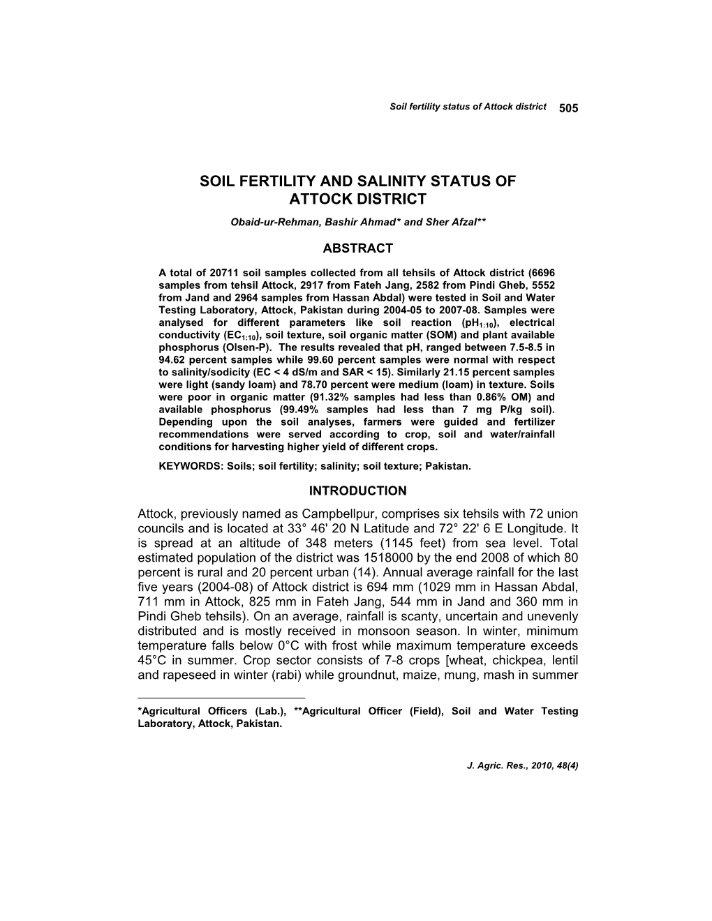 Soil Fertility and Salinity Status of Attock District