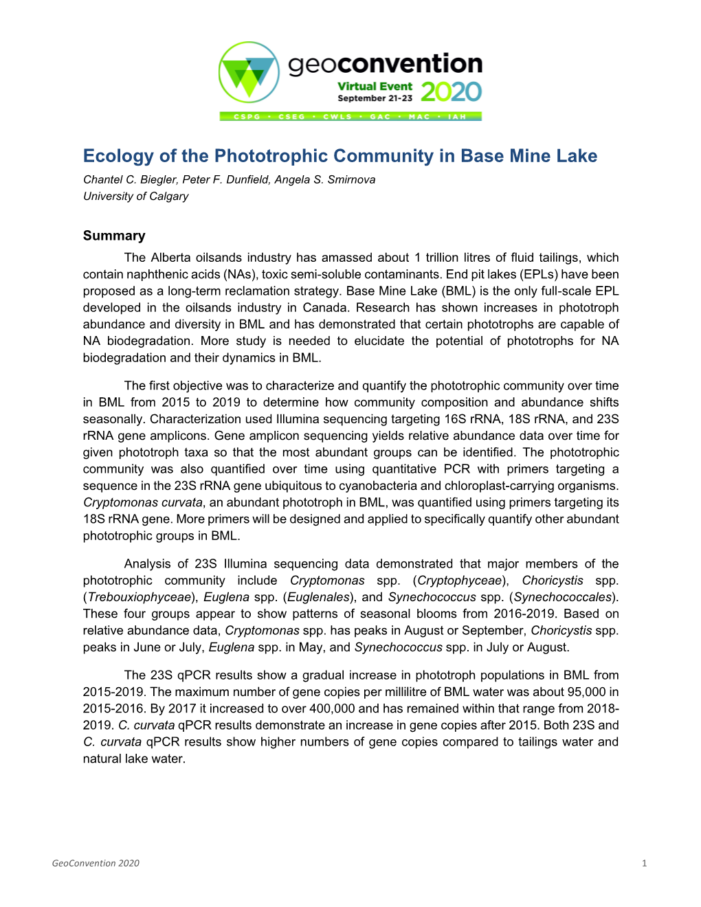 Ecology of the Phototrophic Community in Base Mine Lake Chantel C