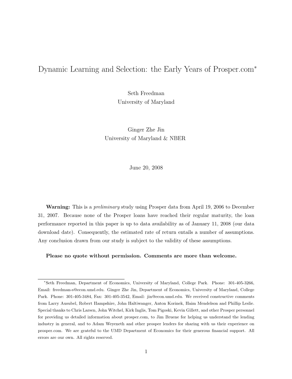 Dynamic Learning and Selection: the Early Years of Prosper.Com∗