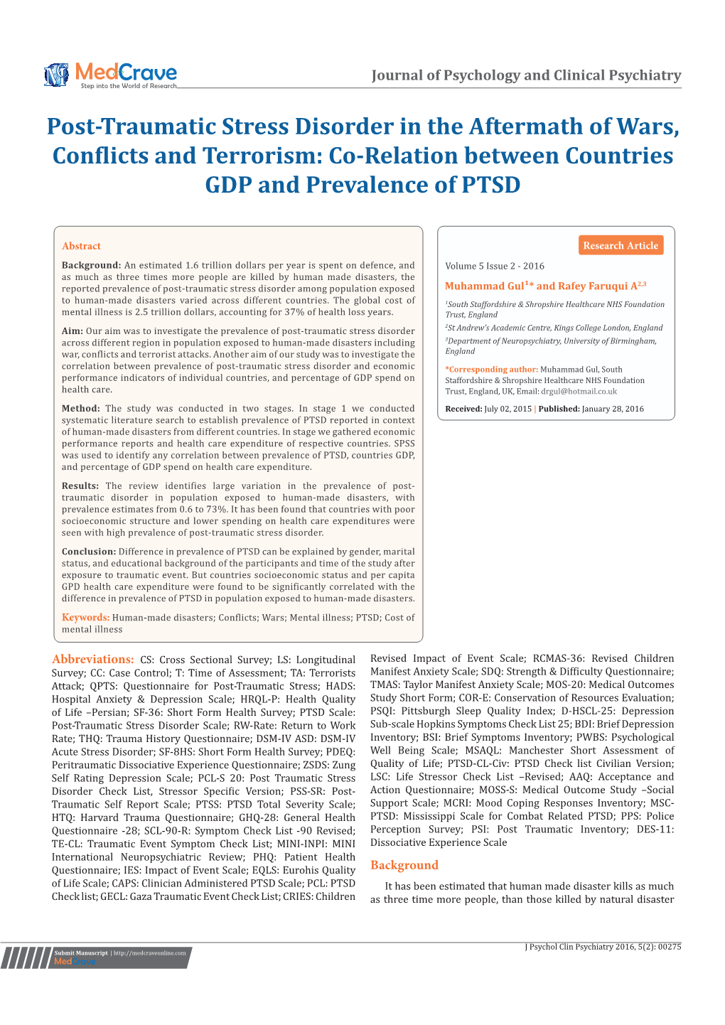 Post-Traumatic Stress Disorder in the Aftermath of Wars, Conflicts and Terrorism: Co-Relation Between Countries GDP and Prevalence of PTSD