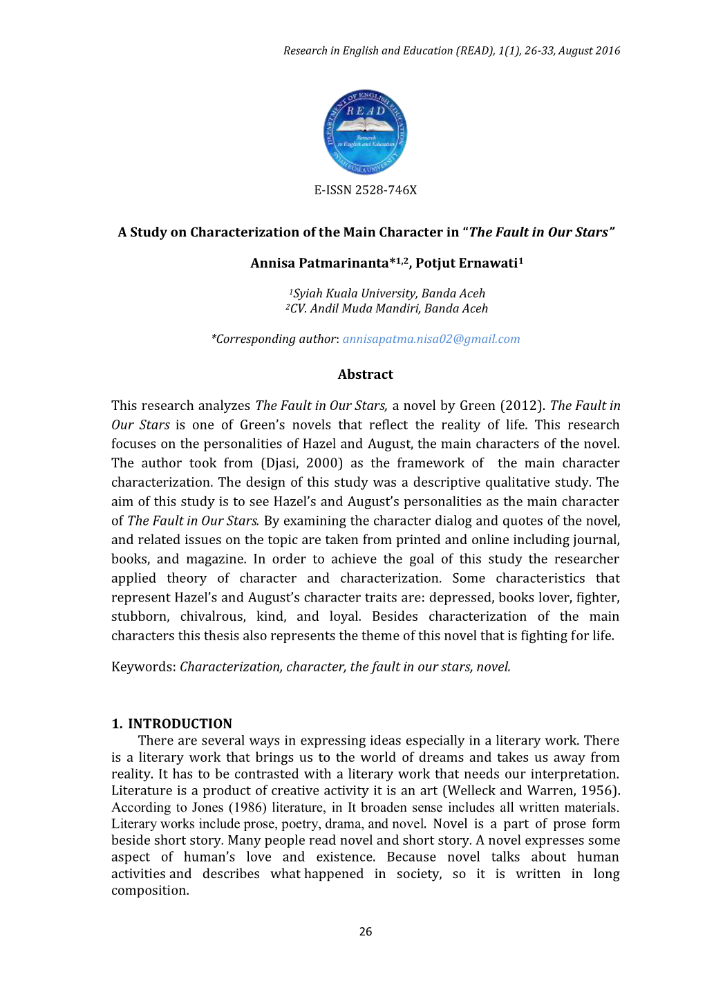 A Study on Characterization of the Main Character in “The Fault in Our Stars”