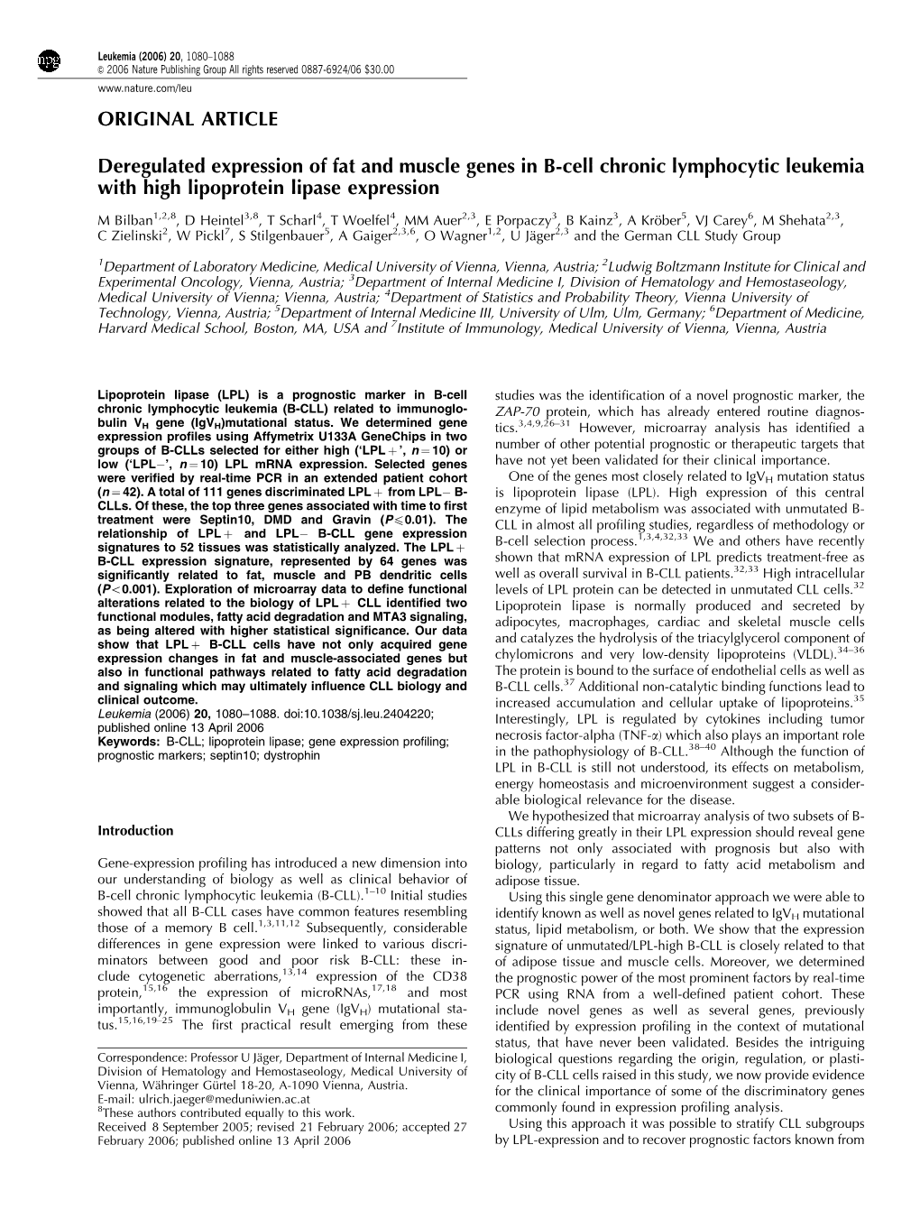 Deregulated Expression of Fat and Muscle Genes in B-Cell Chronic Lymphocytic Leukemia with High Lipoprotein Lipase Expression