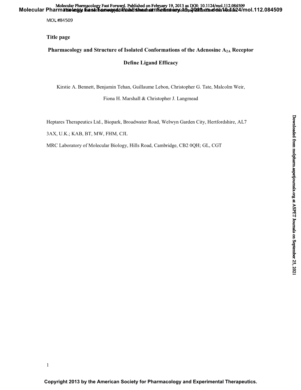 Title Page Pharmacology and Structure of Isolated Conformations