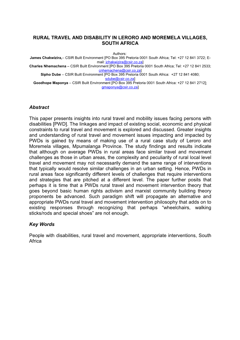 Rural Travel and Disability in Leroro and Moremela Villages, South Africa