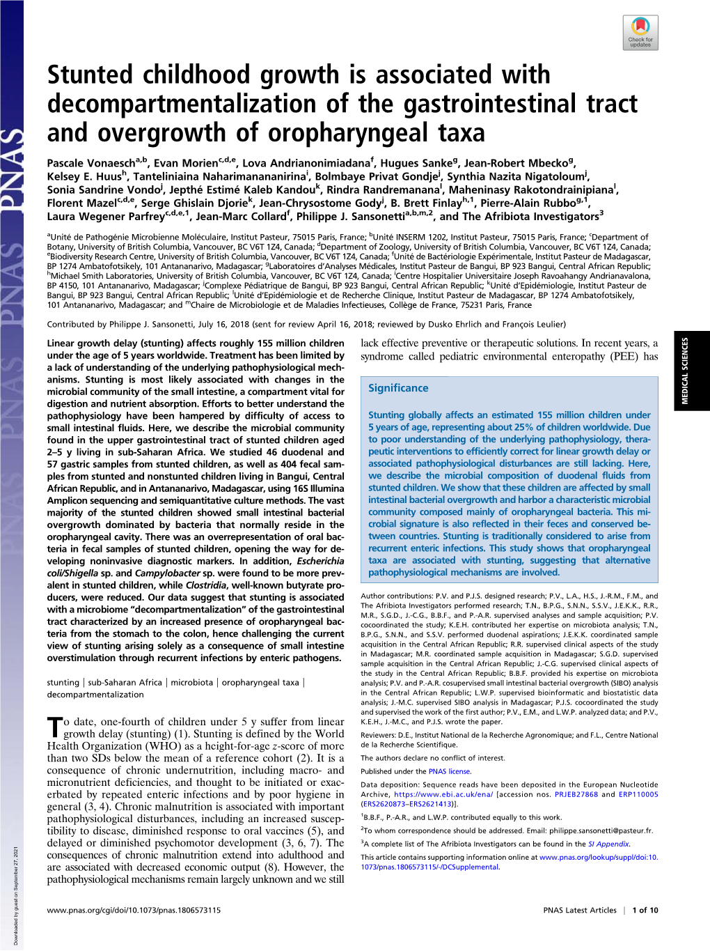 Stunted Childhood Growth Is Associated with Decompartmentalization of the Gastrointestinal Tract and Overgrowth of Oropharyngeal Taxa