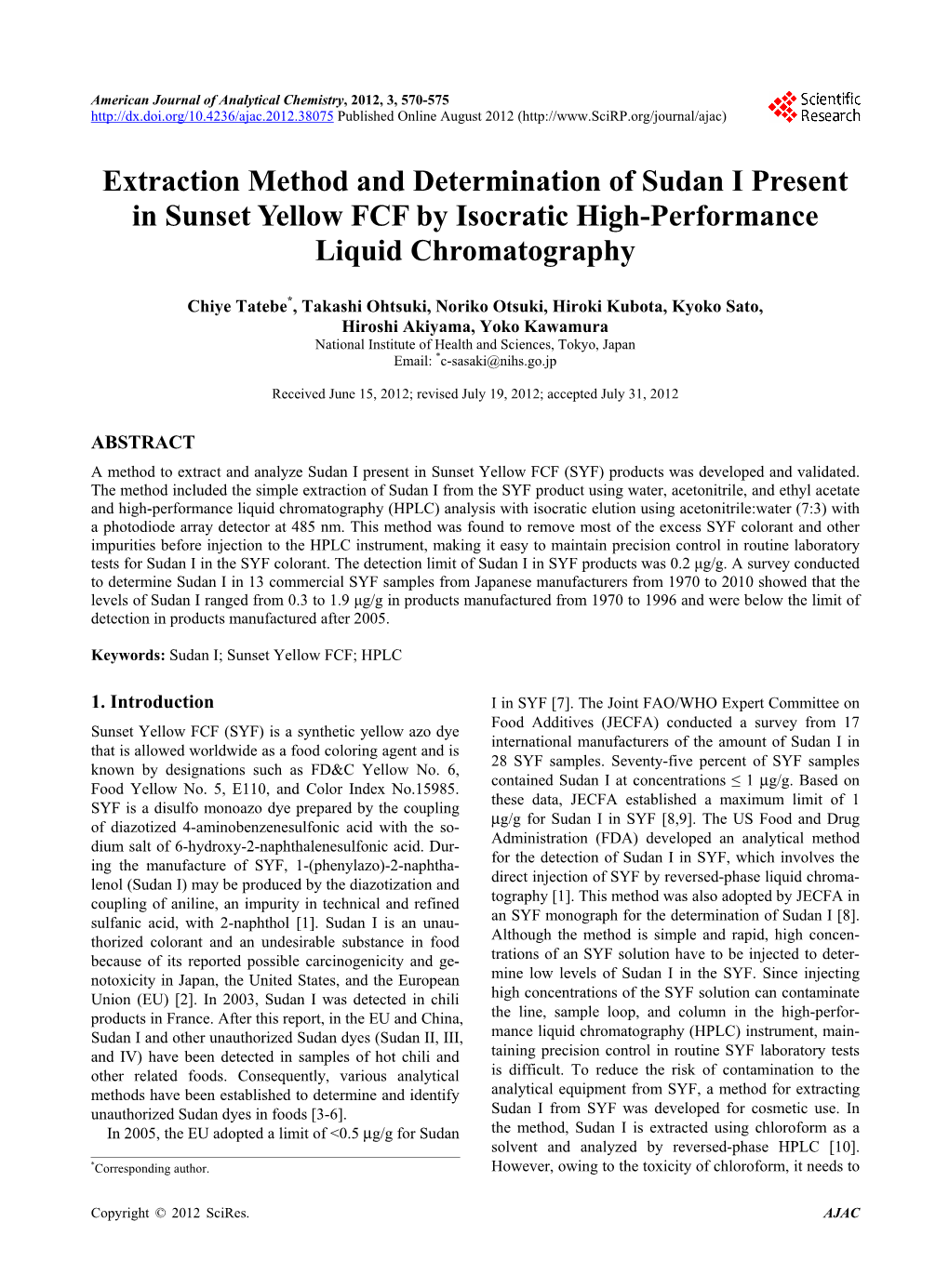 Extraction Method and Determination of Sudan I Present in Sunset Yellow FCF by Isocratic High-Performance Liquid Chromatography