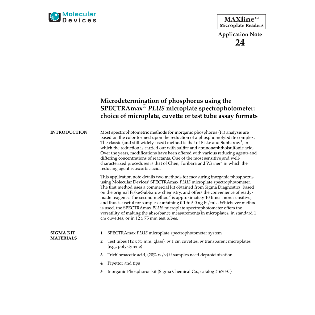 Microdetermination of Phosphorus Using Spectramax PLUS