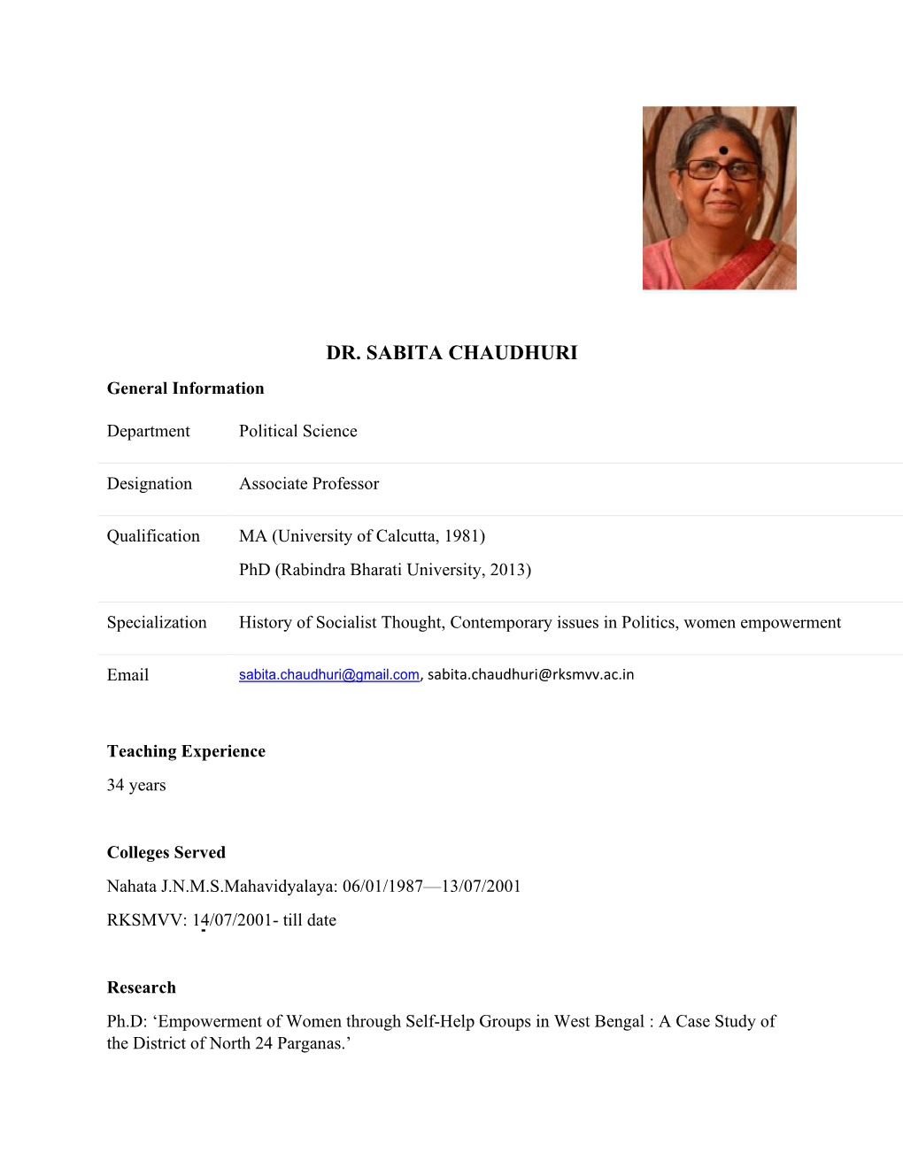 DR. SABITA CHAUDHURI General Information