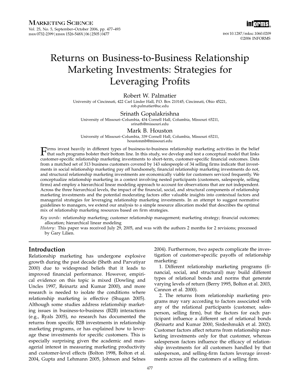 Returns on Business-To-Business Relationship Marketing Investments: Strategies for Leveraging Proﬁts