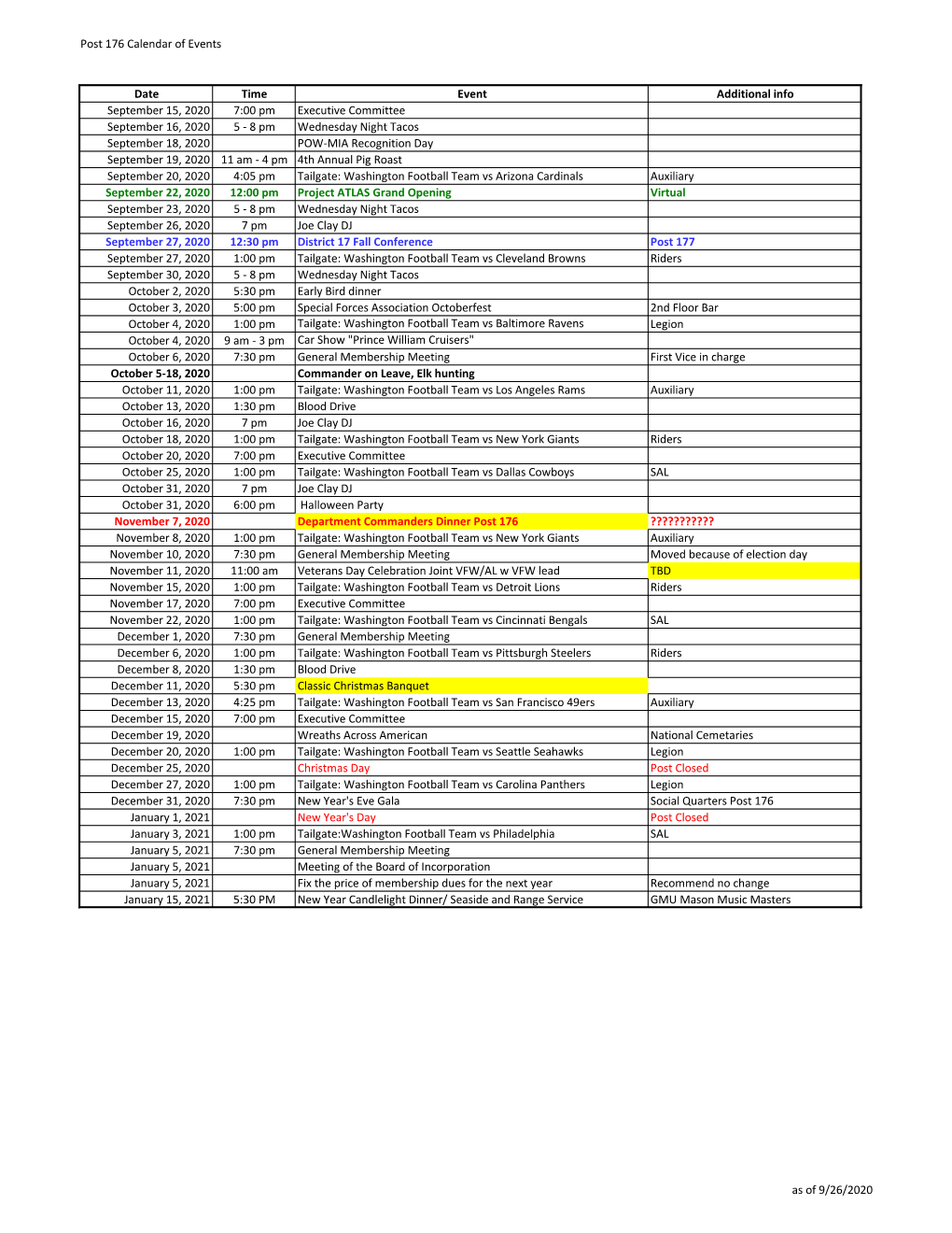 Post 176 Calendar of Events Date Time Event Additional Info