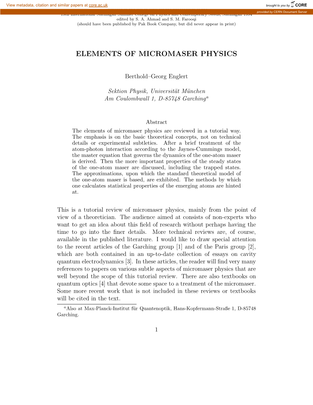 Elements of Micromaser Physics