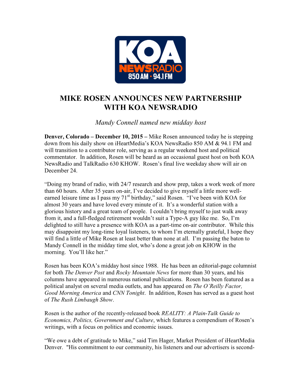 Mike Rosen Announces New Partnership with Koa Newsradio