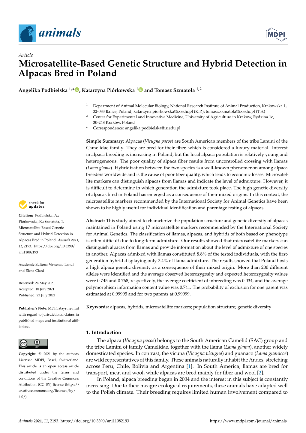 Microsatellite-Based Genetic Structure and Hybrid Detection in Alpacas Bred in Poland