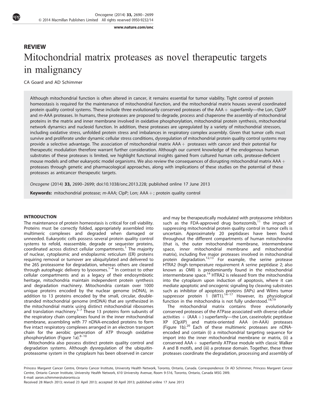 Mitochondrial Matrix Proteases As Novel Therapeutic Targets in Malignancy