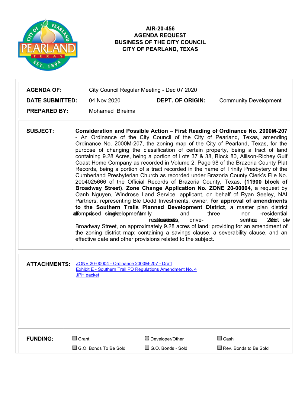 First Reading of Ordinance No. 2000M-207 AIR-20-456