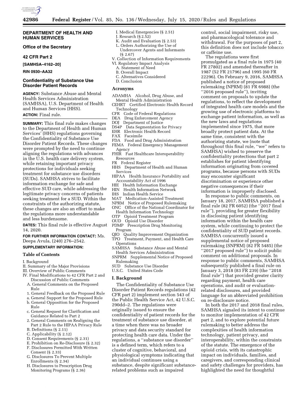 Federal Register/Vol. 85, No. 136/Wednesday, July 15, 2020