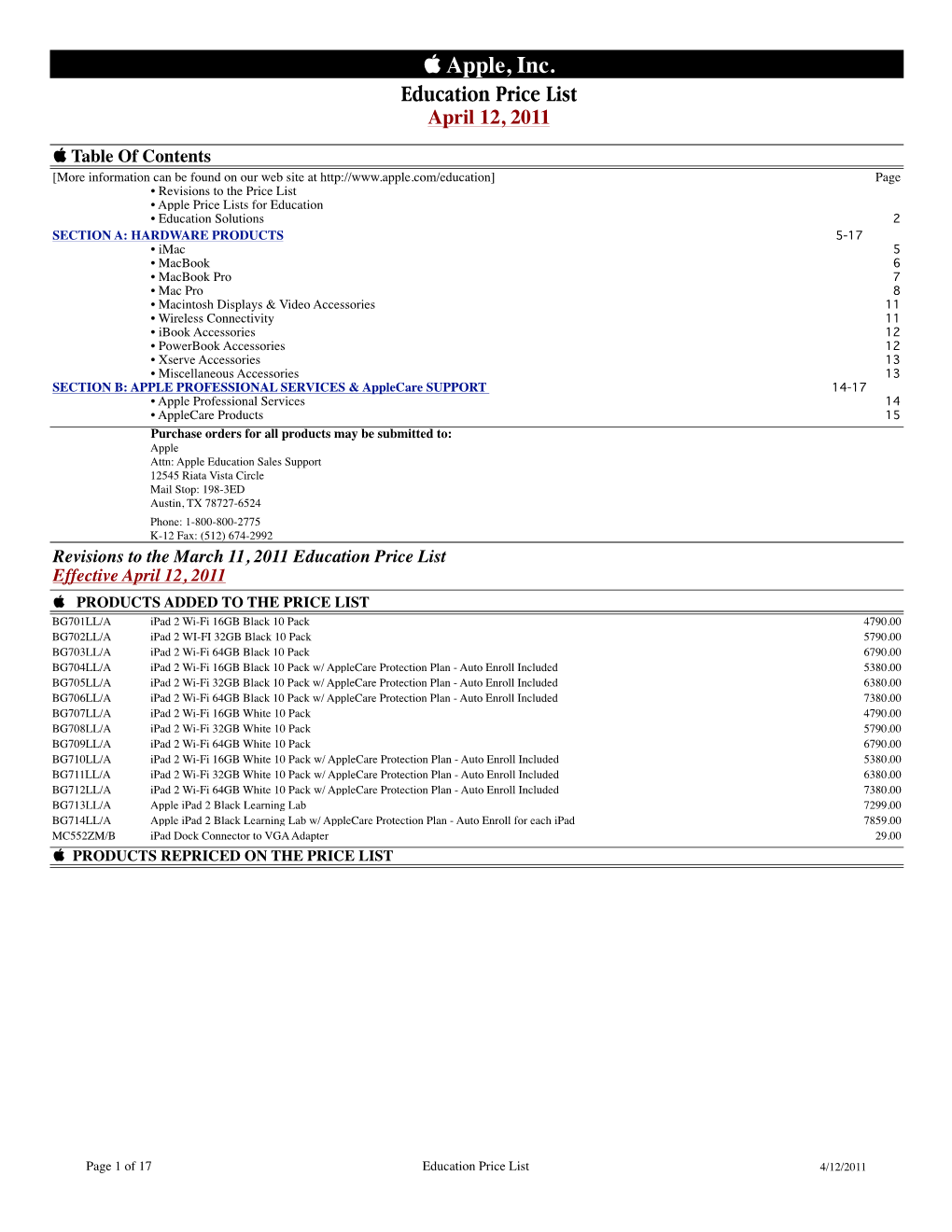 Apple, Inc. Education Price List April 12, 2011