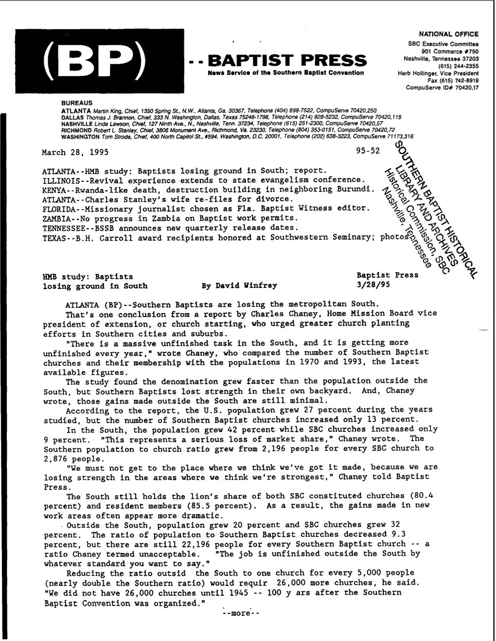 March 28, 1995 ATLANTA--HMB Study: Baptists Losing Ground in South; Report