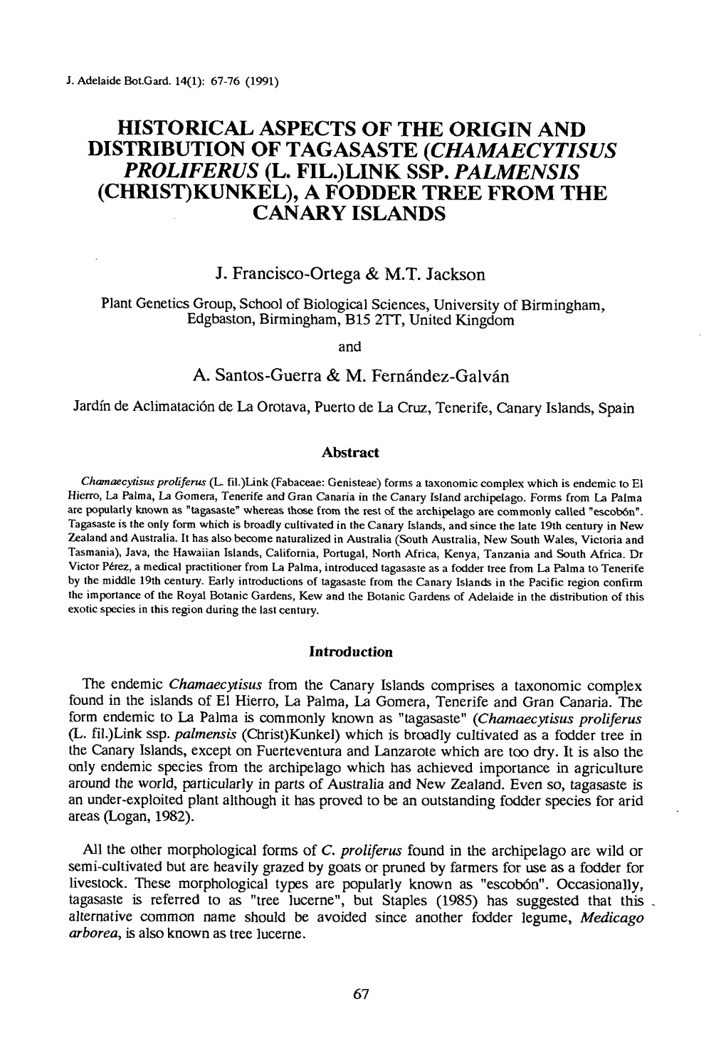 Historical Aspects of the Origin and Distribution of Tagasaste (Chamaecytisus Proliferus (L