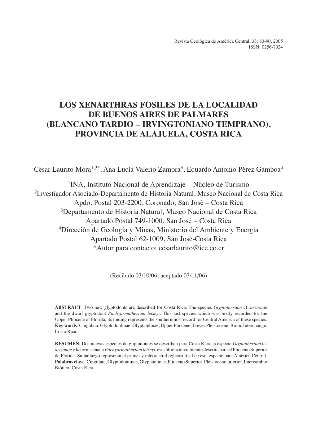 Los Xenarthras Fósiles De La Localidad De Buenos Aires De Palmares (Blancano Tardío – Irvingtoniano Temprano), Provincia De Alajuela, Costa Rica