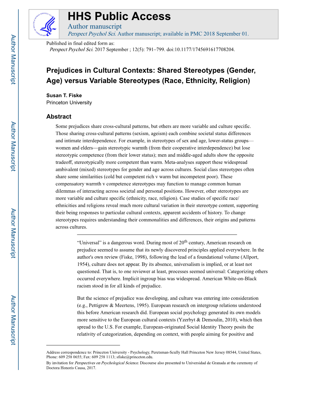 Prejudices in Cultural Contexts: Shared Stereotypes (Gender, Age) Versus Variable Stereotypes (Race, Ethnicity, Religion)