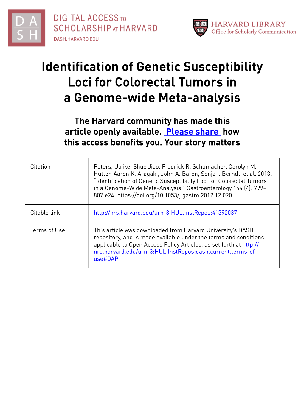 Identification of Genetic Susceptibility Loci for Colorectal Tumors in a Genome-Wide Meta-Analysis