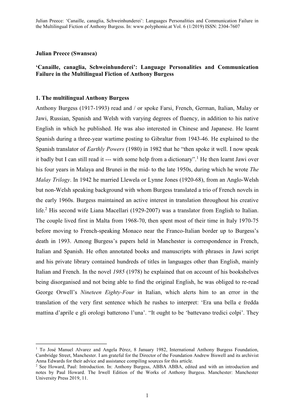 Canaille, Canaglia, Schweinhunderei’: Languages Personalities and Communication Failure in the Multilingual Fiction of Anthony Burgess