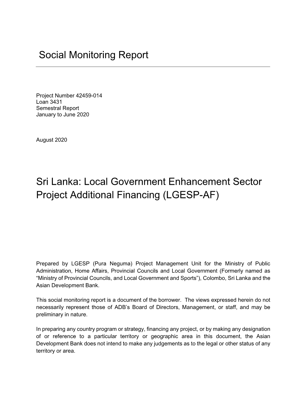 Social Monitoring Report Sri Lanka: Local Government Enhancement