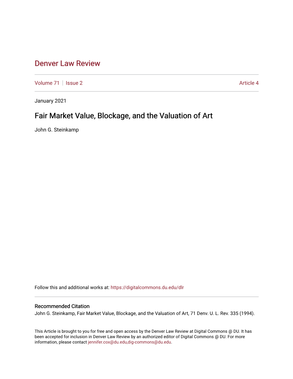 Fair Market Value, Blockage, and the Valuation of Art