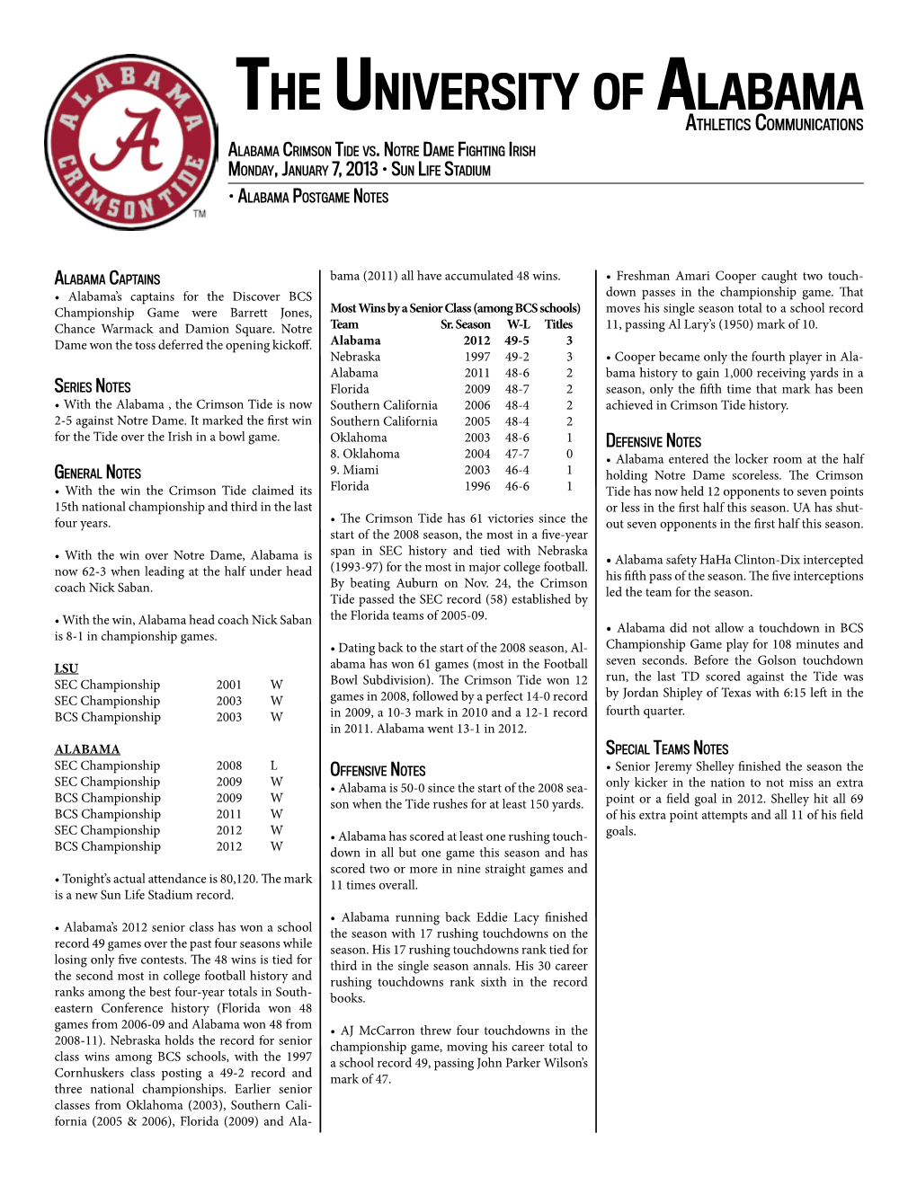 The University of Alabama Athletics Communications Alabama Crimson Tide Vs