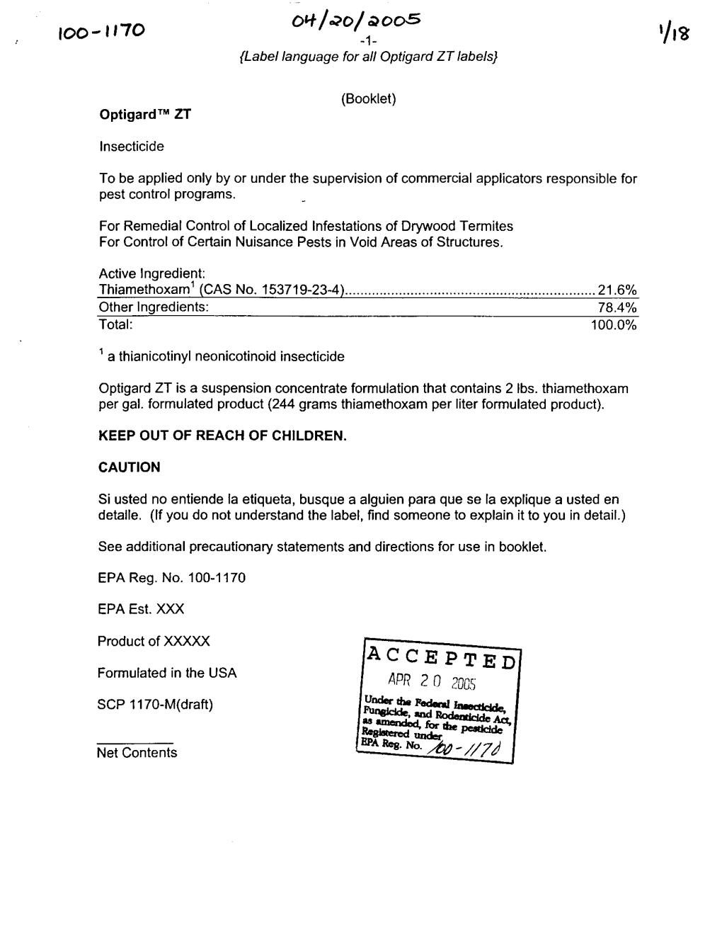 U.S. EPA, Pesticide Product Label, OPTIGARD ZT INSECTICIDE, 04/20