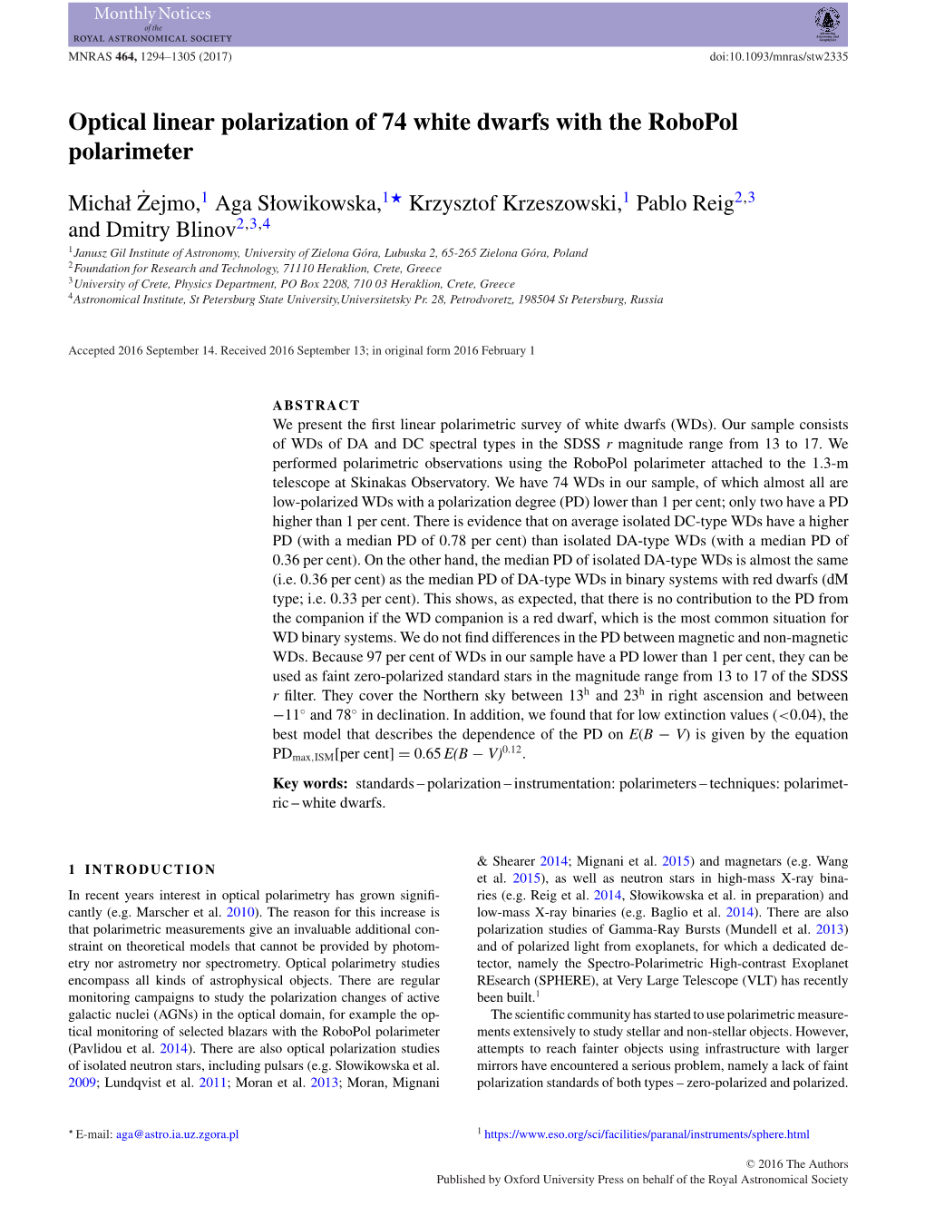 Optical Linear Polarization of 74 White Dwarfs with the Robopol Polarimeter