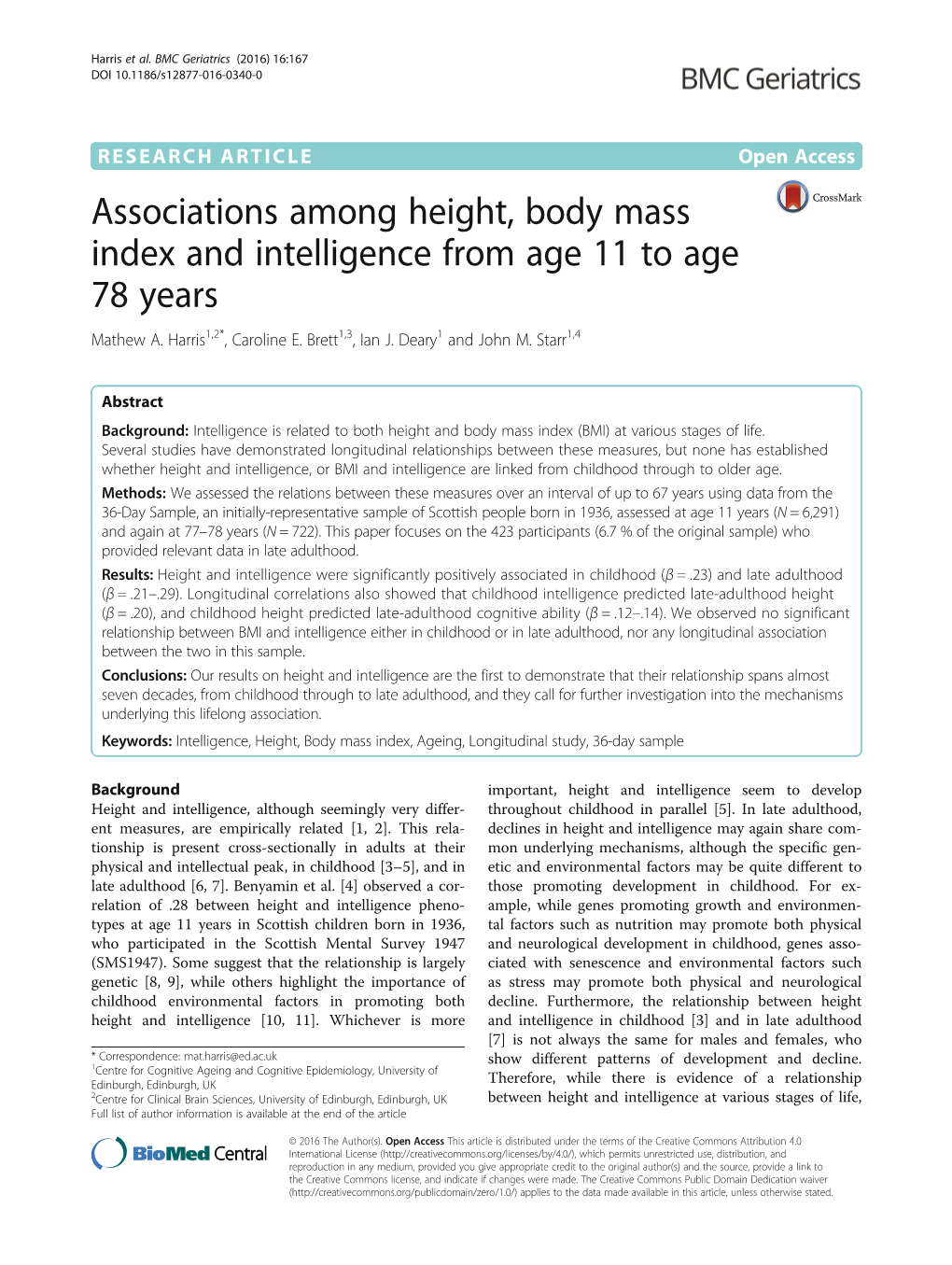 Associations Among Height, Body Mass Index and Intelligence from Age 11 to Age 78 Years Mathew A