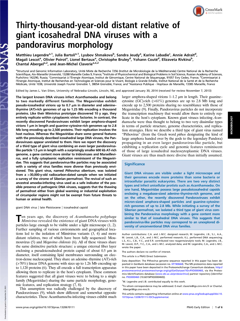 Thirty-Thousand-Year-Old Distant Relative of Giant Icosahedral DNA Viruses with a Pandoravirus Morphology