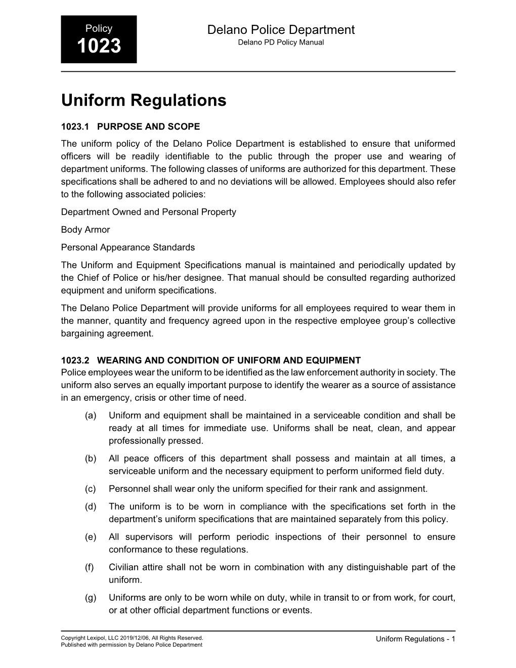 Policy 1023 Uniform Regulations