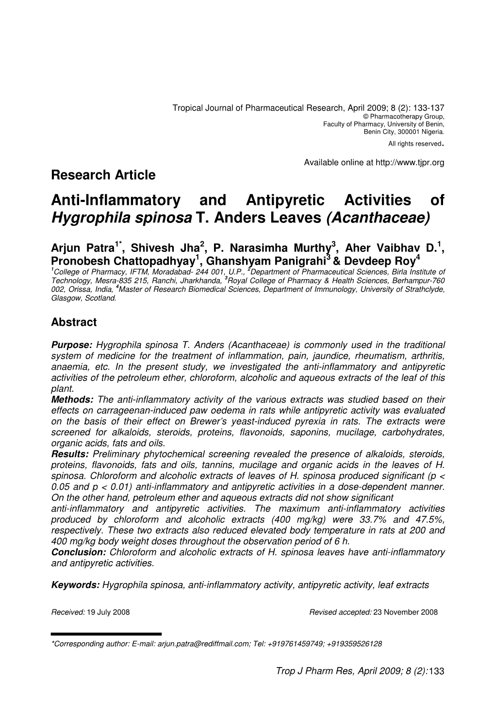 Anti-Inflammatory and Antipyretic Activities of Hygrophila Spinosa T