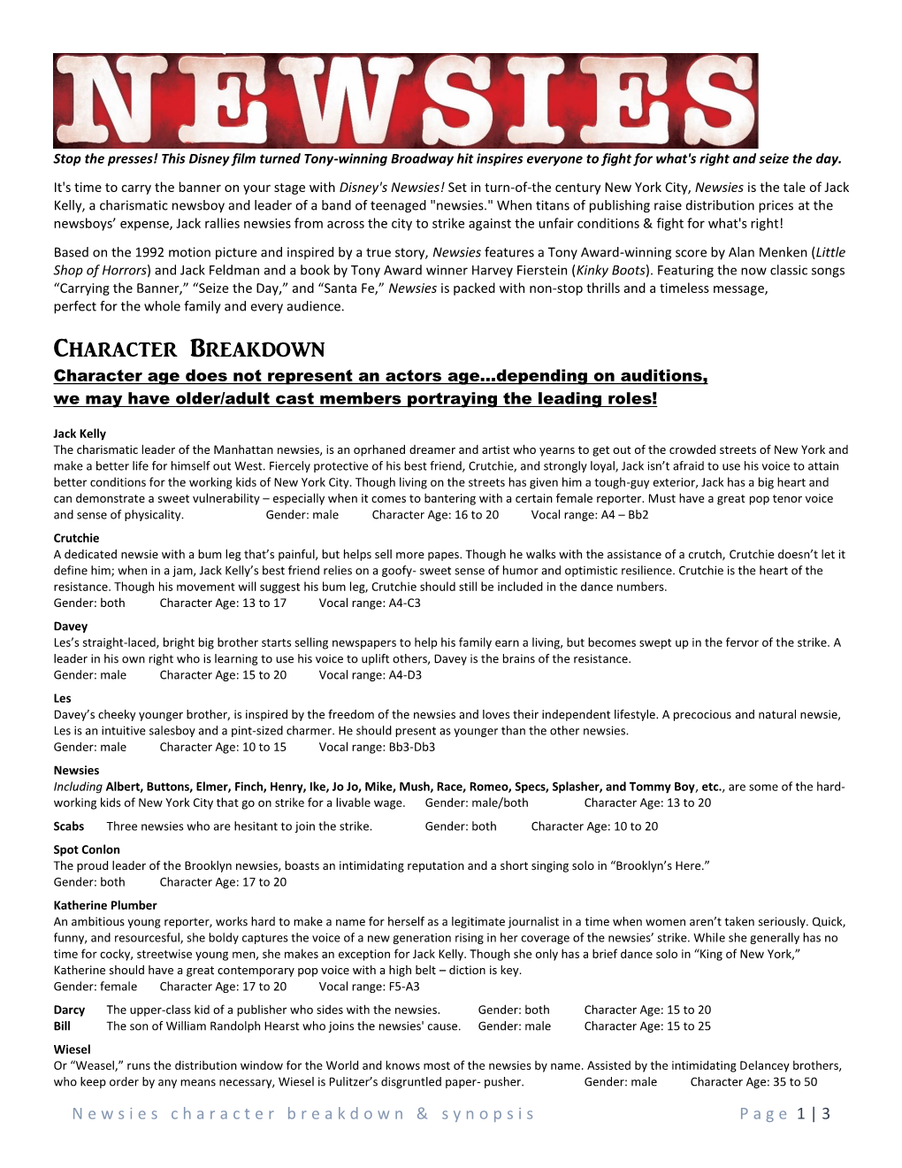 Character Breakdown Character Age Does Not Represent an Actors Age…Depending on Auditions, We May Have Older/Adult Cast Members Portraying the Leading Roles!