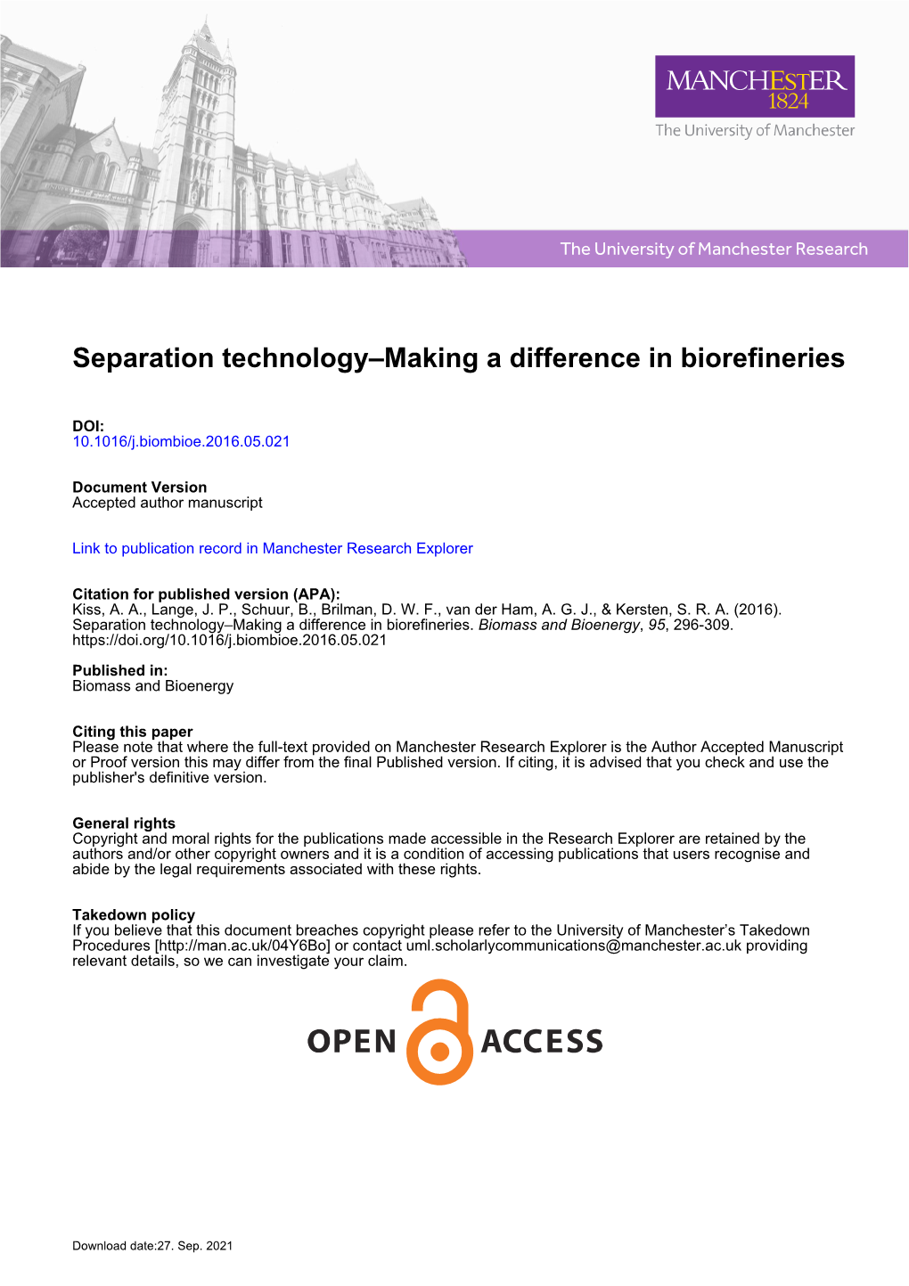 Separation Technology–Making a Difference in Biorefineries