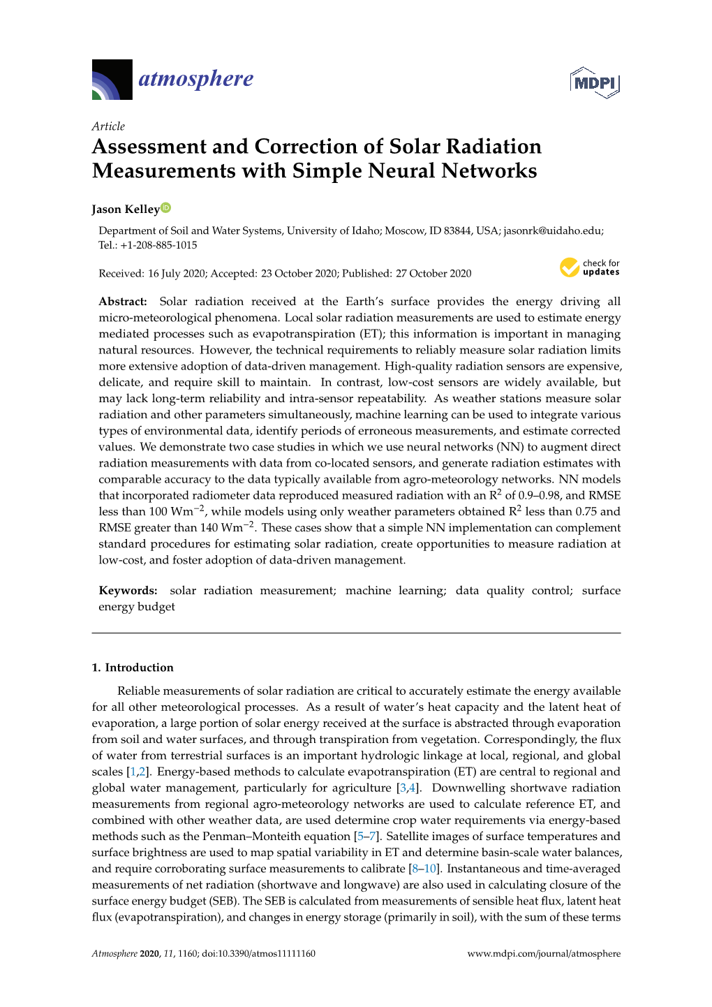 Assessment and Correction of Solar Radiation Measurements with Simple Neural Networks