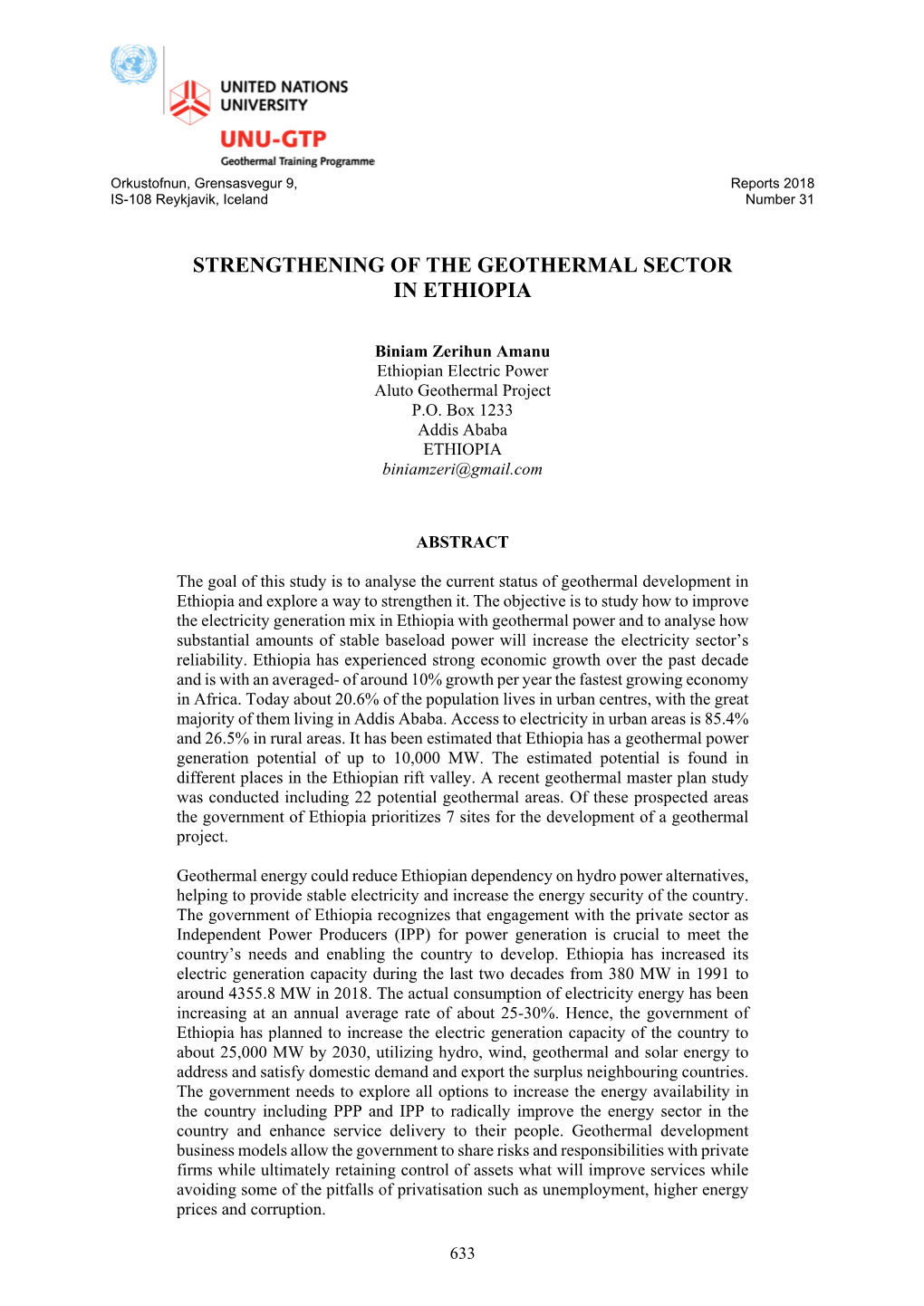 Strengthening of the Geothermal Sector in Ethiopia