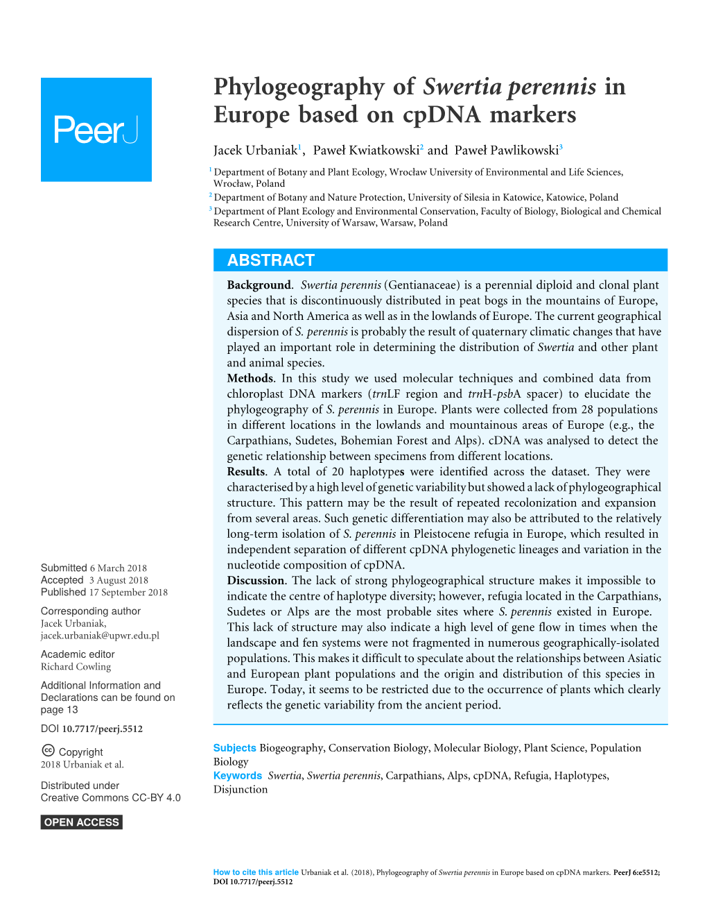 Phylogeography of Swertia Perennis in Europe Based on Cpdna Markers