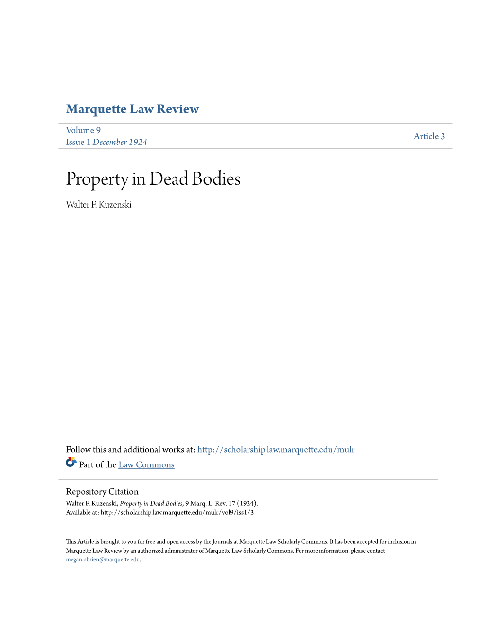 Property in Dead Bodies Walter F