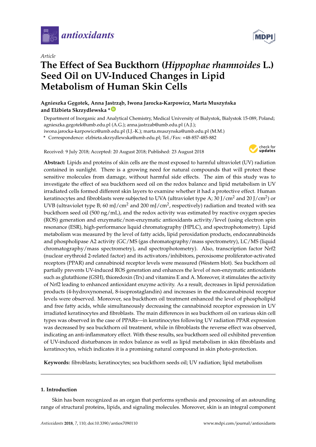 Seed Oil on UV-Induced Changes in Lipid Metabolism of Human Skin Cells