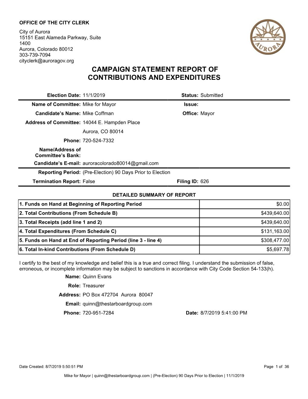 Campaign Statement Report Of�� Contributions and Expenditures