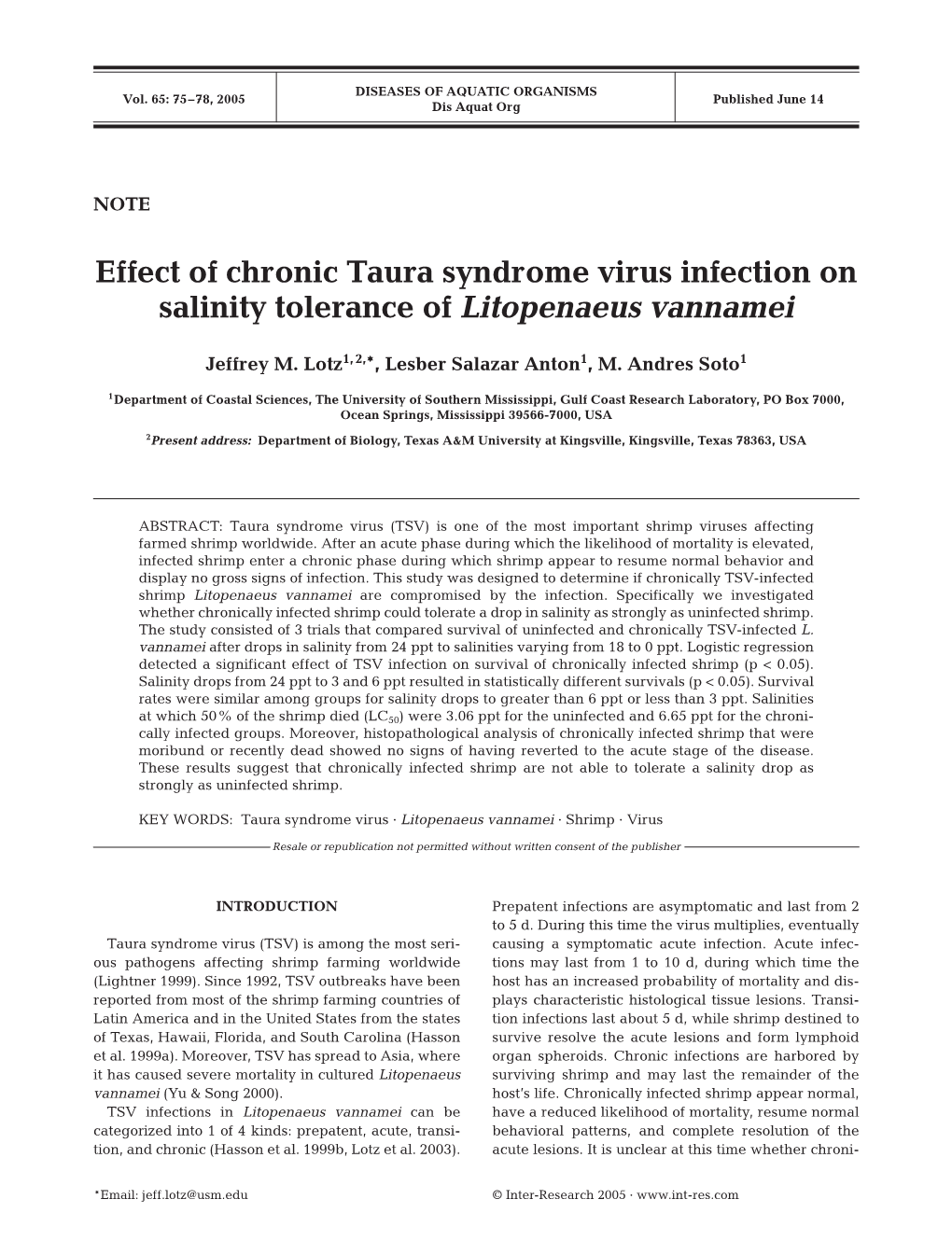 Effect of Chronic Taura Syndrome Virus Infection on Salinity Tolerance of Litopenaeus Vannamei