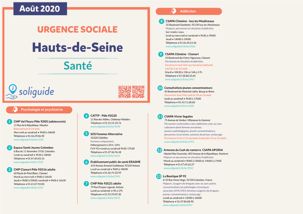 Hauts-De-Seine 9 CSAPA Chimène - Clamart 10 Boulevard Des Frères Vigouroux, Clamart Personnes En Situation D'addiction