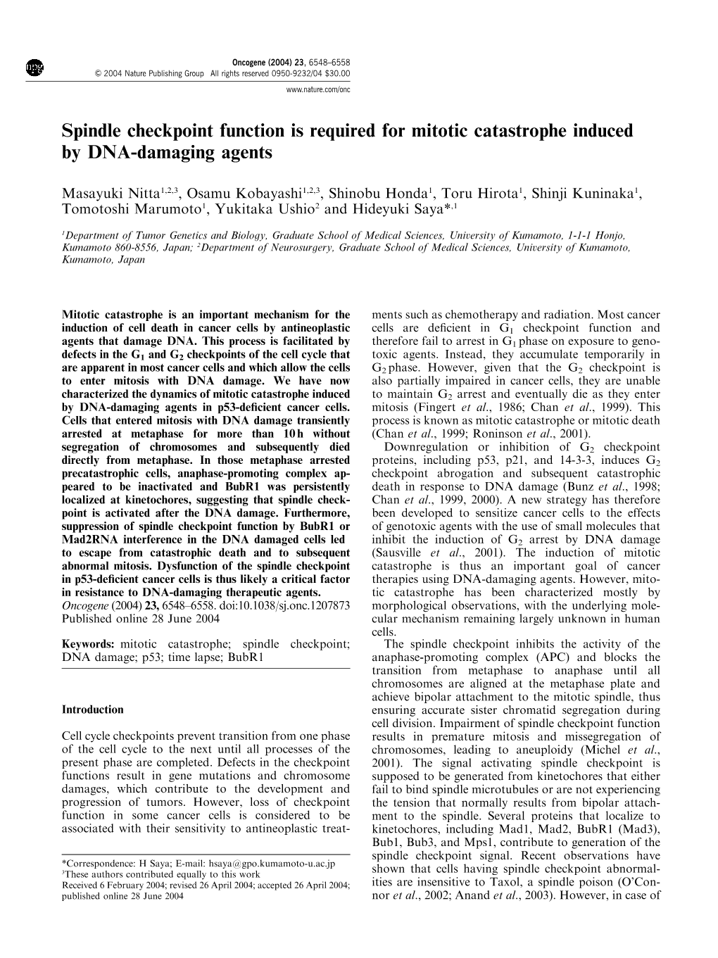 Spindle Checkpoint Function Is Required for Mitotic Catastrophe Induced by DNA-Damaging Agents