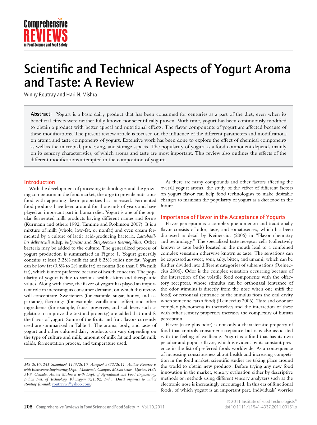 Scientific and Technical Aspects of Yogurt Aroma and Taste: a Review